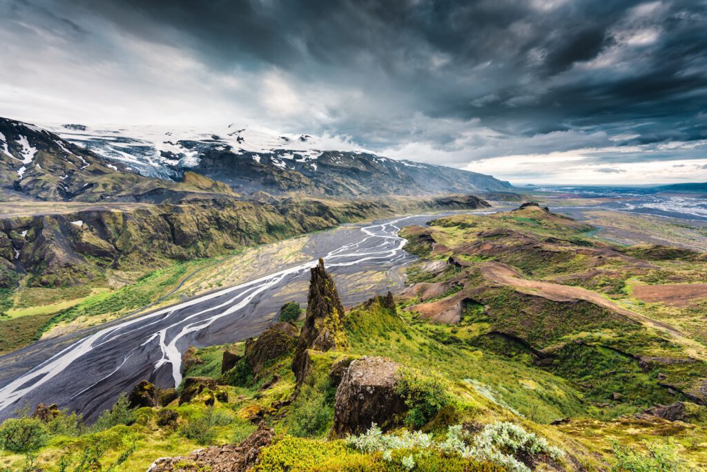 Valahnukur viewpoint hiking trail with mountain valley and krossa river in icelandic highlands at Thorsmork, Iceland - Leiguhýsi
